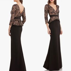 JS Collection Women's V Neck Lace Peplum Gown